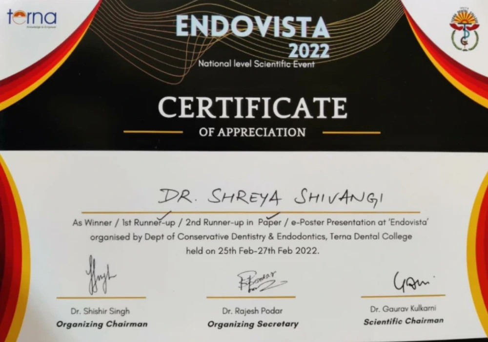 Dr. Shreya Shivangi received Endovista 2022 certificate of Appreciation