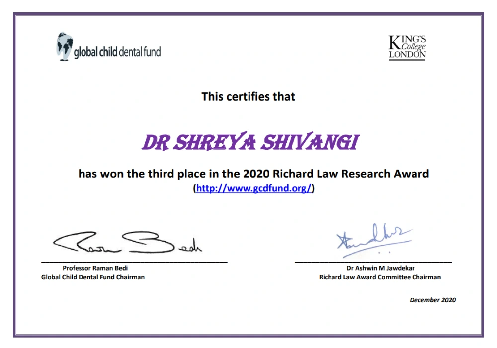 Dr. Shreya Shivangi received a certificate from global child dental fund